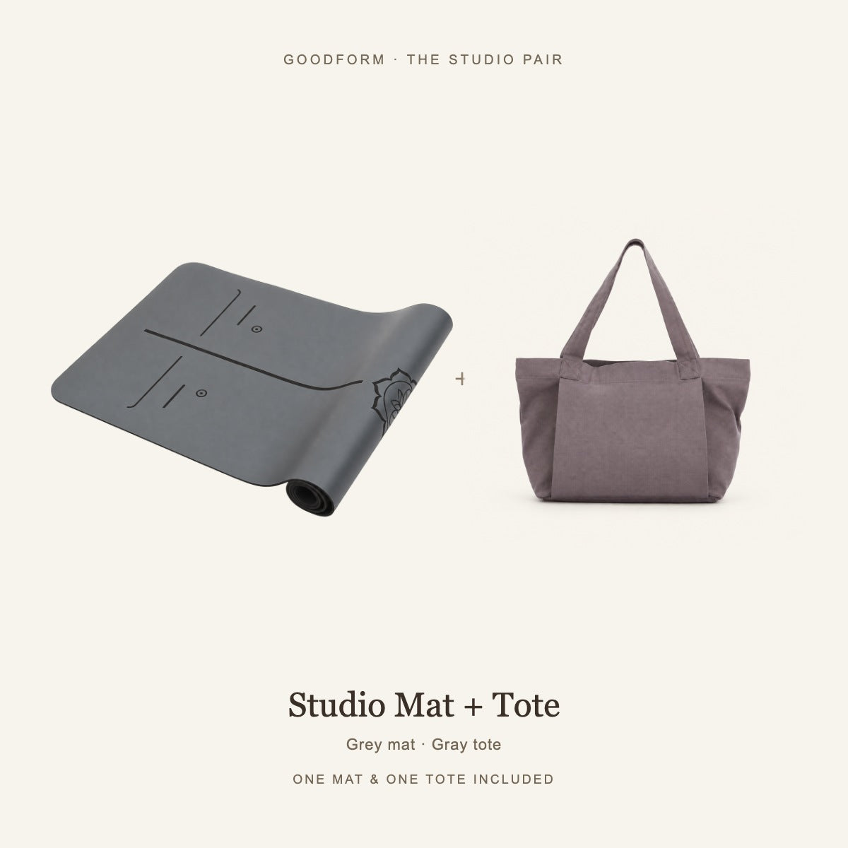 GoodForm Studio Mat & Tote Pack — Grey mat and Gray tote on warm ivory; one of each included