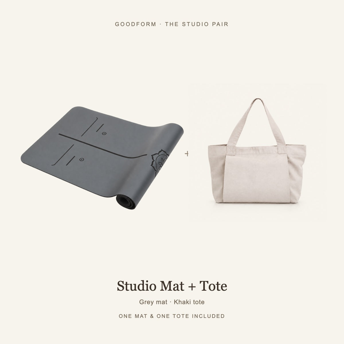 GoodForm Studio Mat & Tote Pack — Grey mat and Khaki tote on warm ivory; one of each included