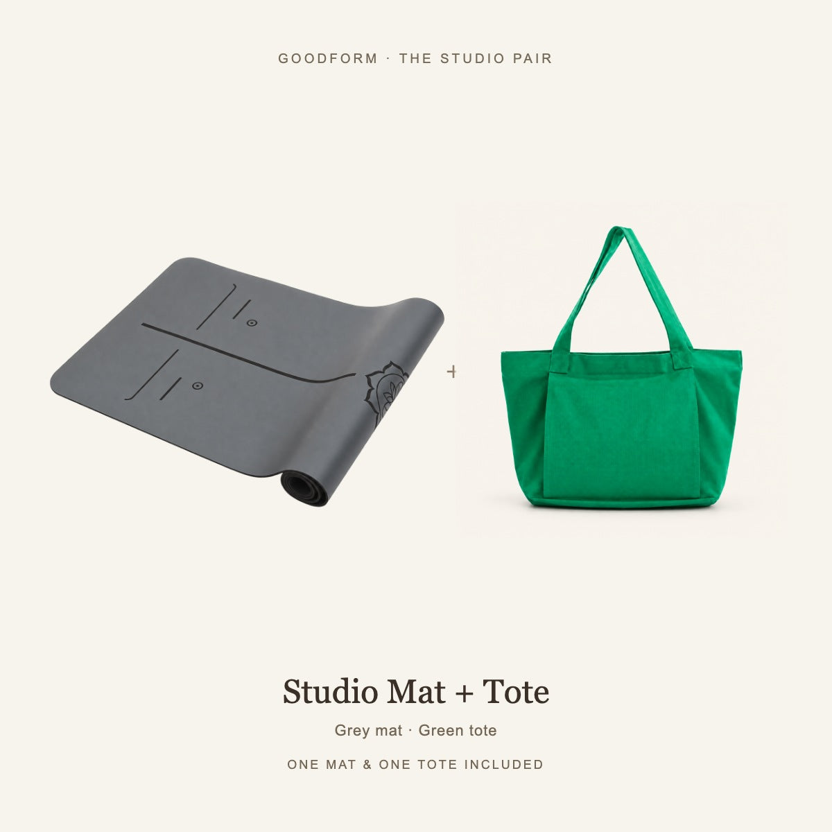 GoodForm Studio Mat & Tote Pack — Grey mat and Green tote on warm ivory; one of each included