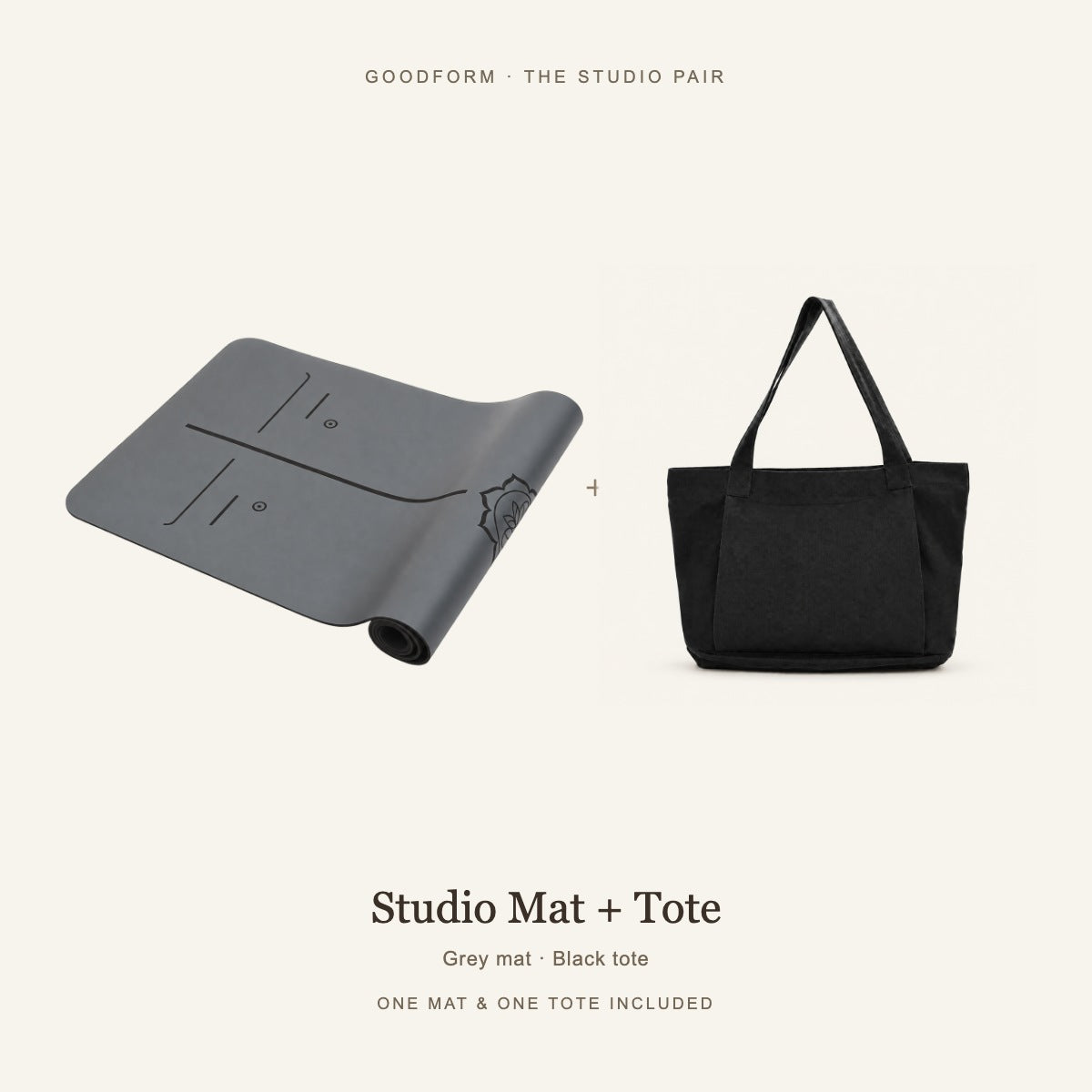 GoodForm Studio Mat & Tote Pack — Grey mat and Black tote on warm ivory; one of each included