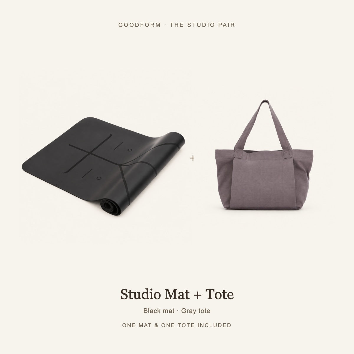 GoodForm Studio Mat & Tote Pack — Black mat and Gray tote on warm ivory; one of each included
