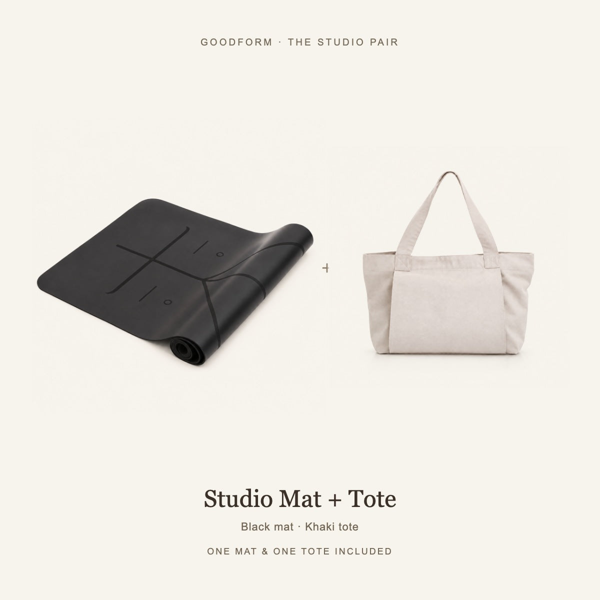GoodForm Studio Mat & Tote Pack — Black mat and Khaki tote on warm ivory; one of each included