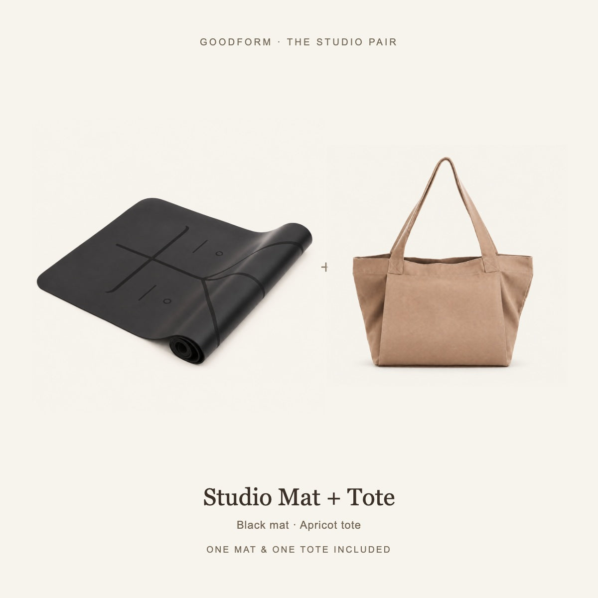 GoodForm Studio Mat & Tote Pack — Black mat and Apricot tote on warm ivory; one of each included