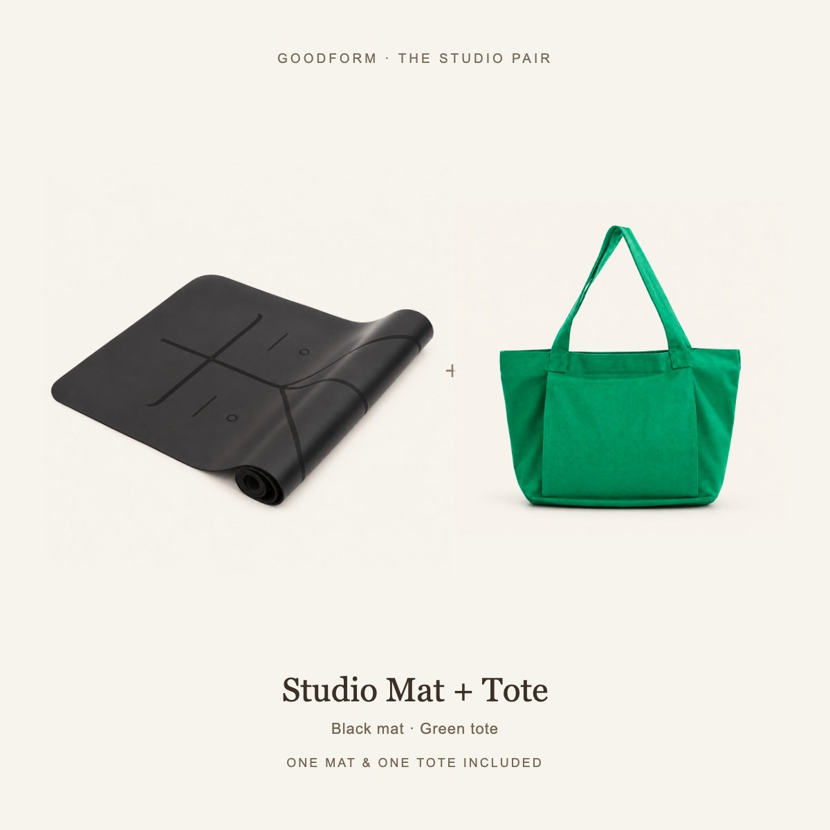GoodForm Studio Mat & Tote Pack — Black mat and Green tote on warm ivory; one of each included