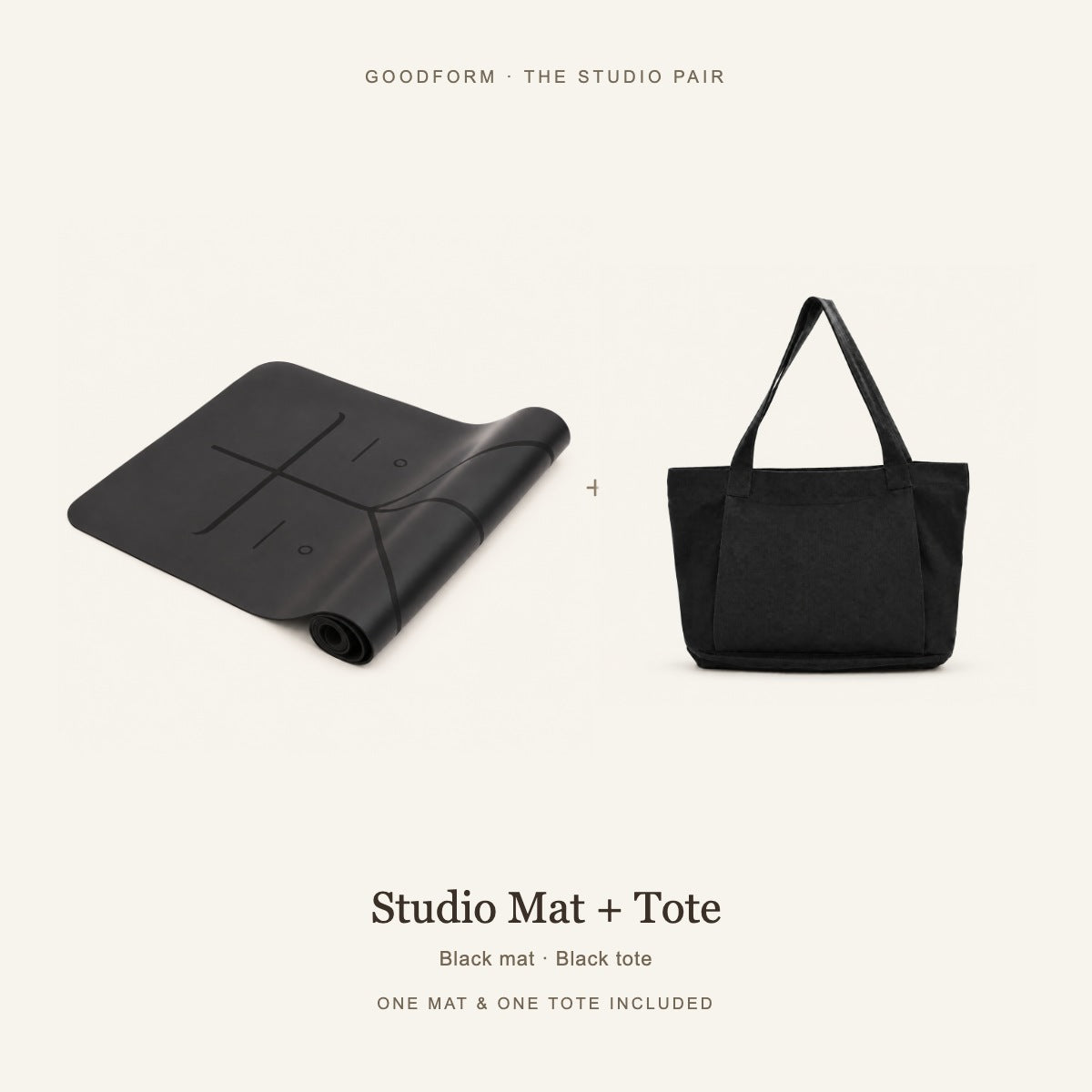 GoodForm Studio Mat & Tote Pack — Black mat and Black tote on warm ivory; one of each included