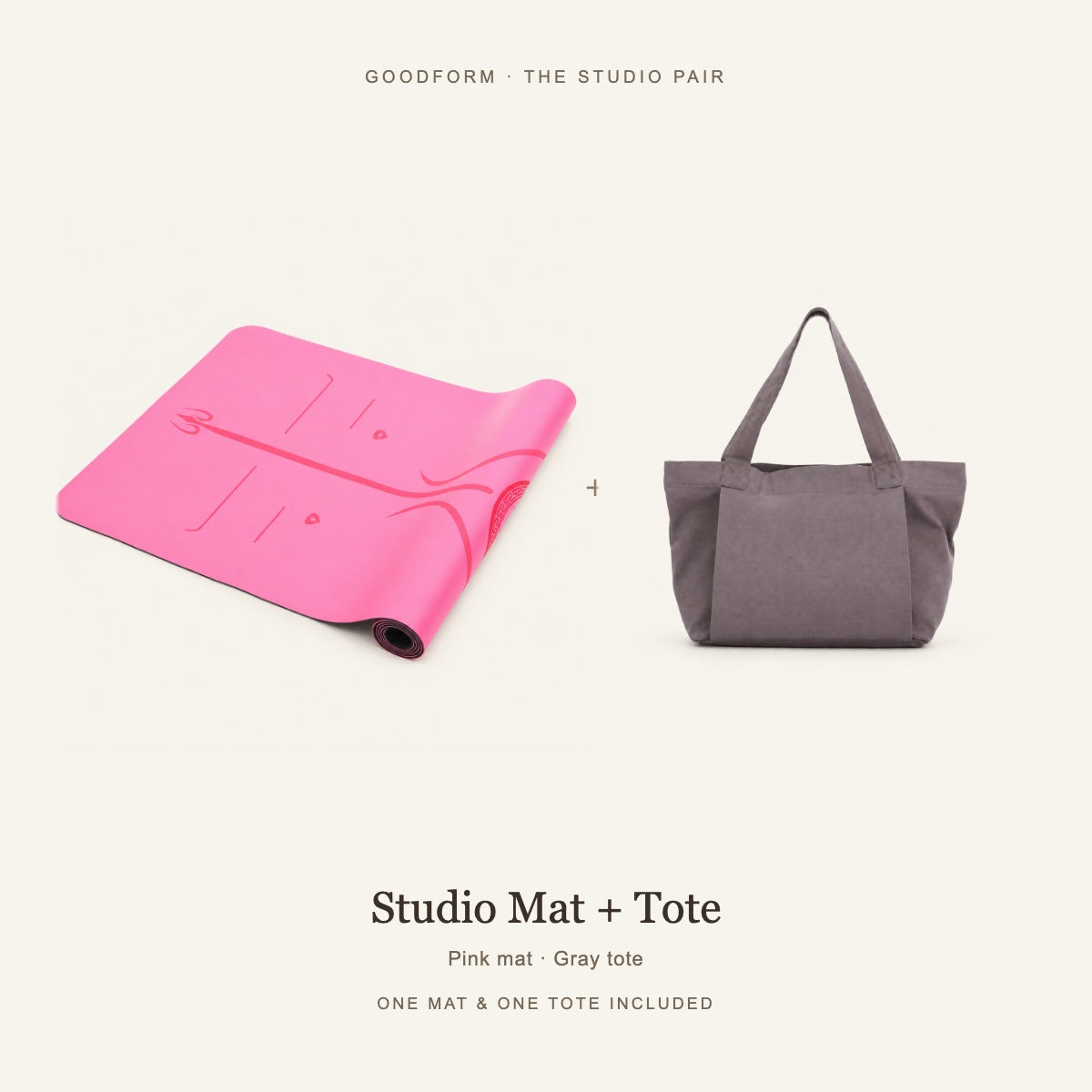 GoodForm Studio Mat & Tote Pack — Pink mat and Gray tote on warm ivory; one of each included