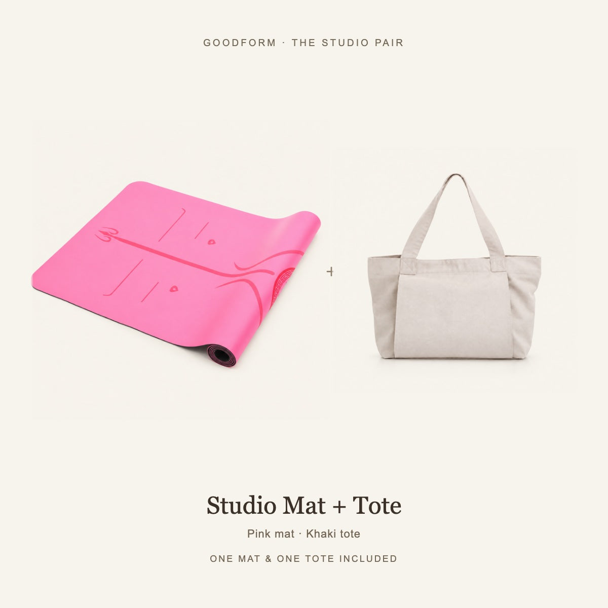 GoodForm Studio Mat & Tote Pack — Pink mat and Khaki tote on warm ivory; one of each included