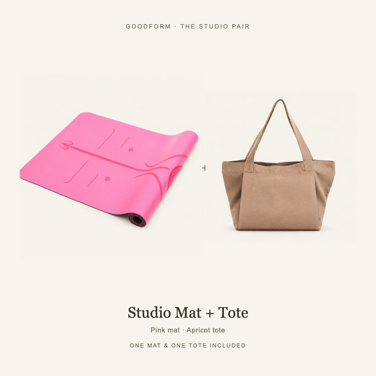GoodForm Studio Mat & Tote Pack — Pink mat and Apricot tote on warm ivory; one of each included
