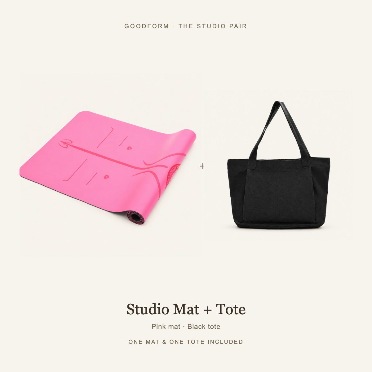 GoodForm Studio Mat & Tote Pack — Pink mat and Black tote on warm ivory; one of each included
