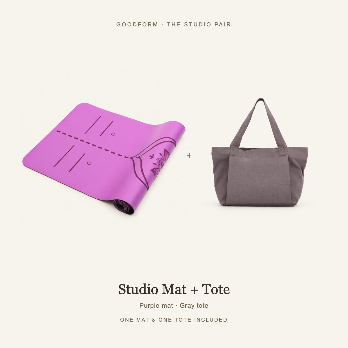 GoodForm Studio Mat & Tote Pack — Purple mat and Gray tote on warm ivory; one of each included