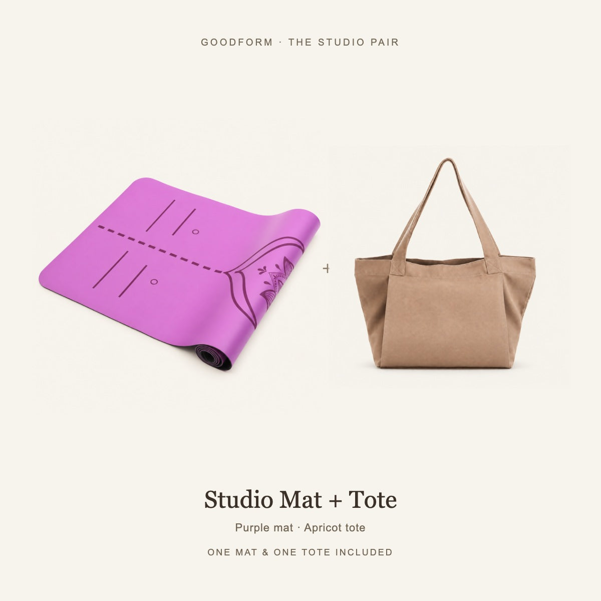 GoodForm Studio Mat & Tote Pack — Purple mat and Apricot tote on warm ivory; one of each included