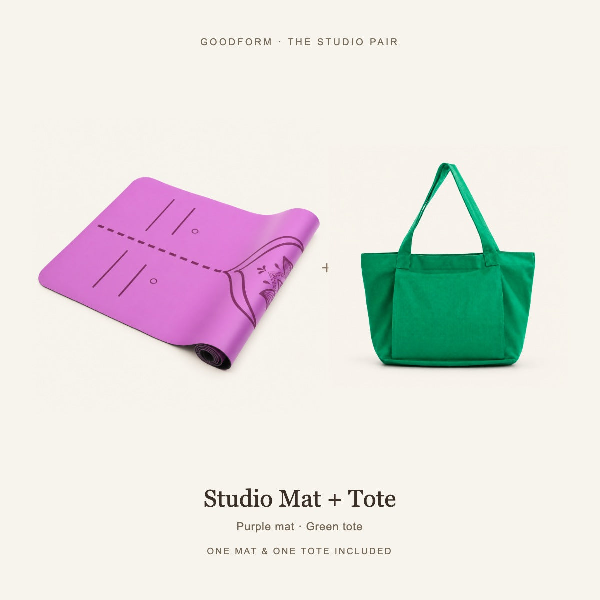 GoodForm Studio Mat & Tote Pack — Purple mat and Green tote on warm ivory; one of each included
