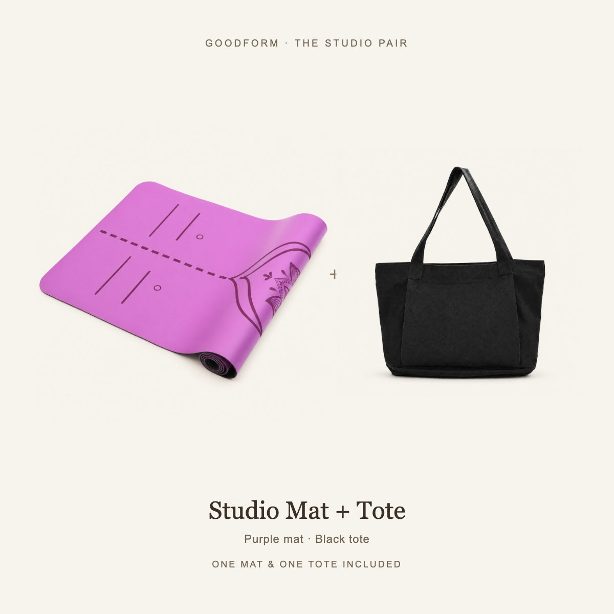 GoodForm Studio Mat & Tote Pack — Purple mat and Black tote on warm ivory; one of each included