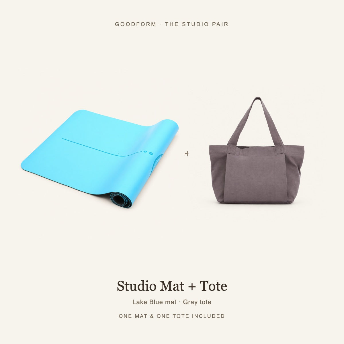 GoodForm Studio Mat & Tote Pack — Lake Blue mat and Gray tote on warm ivory; one of each included