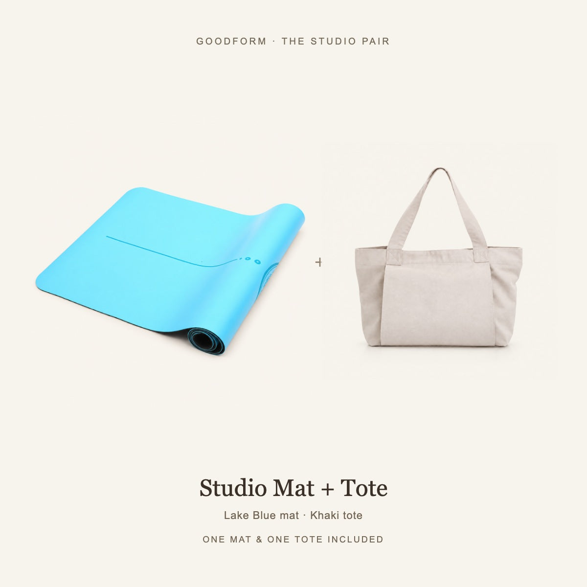 GoodForm Studio Mat & Tote Pack — Lake Blue mat and Khaki tote on warm ivory; one of each included