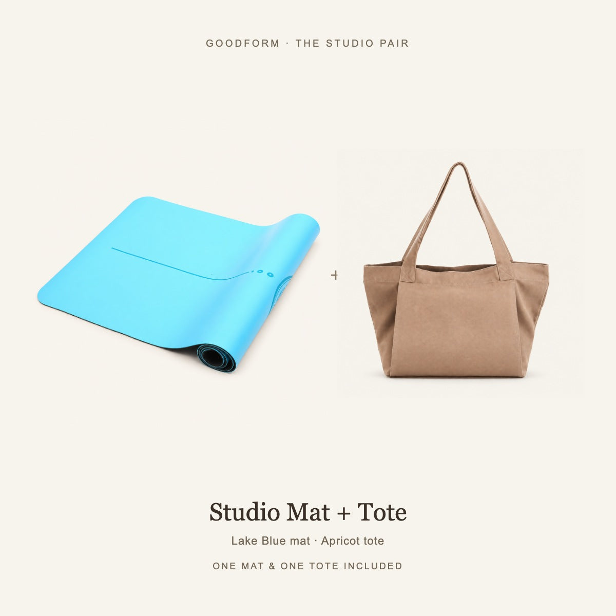 GoodForm Studio Mat & Tote Pack — Lake Blue mat and Apricot tote on warm ivory; one of each included