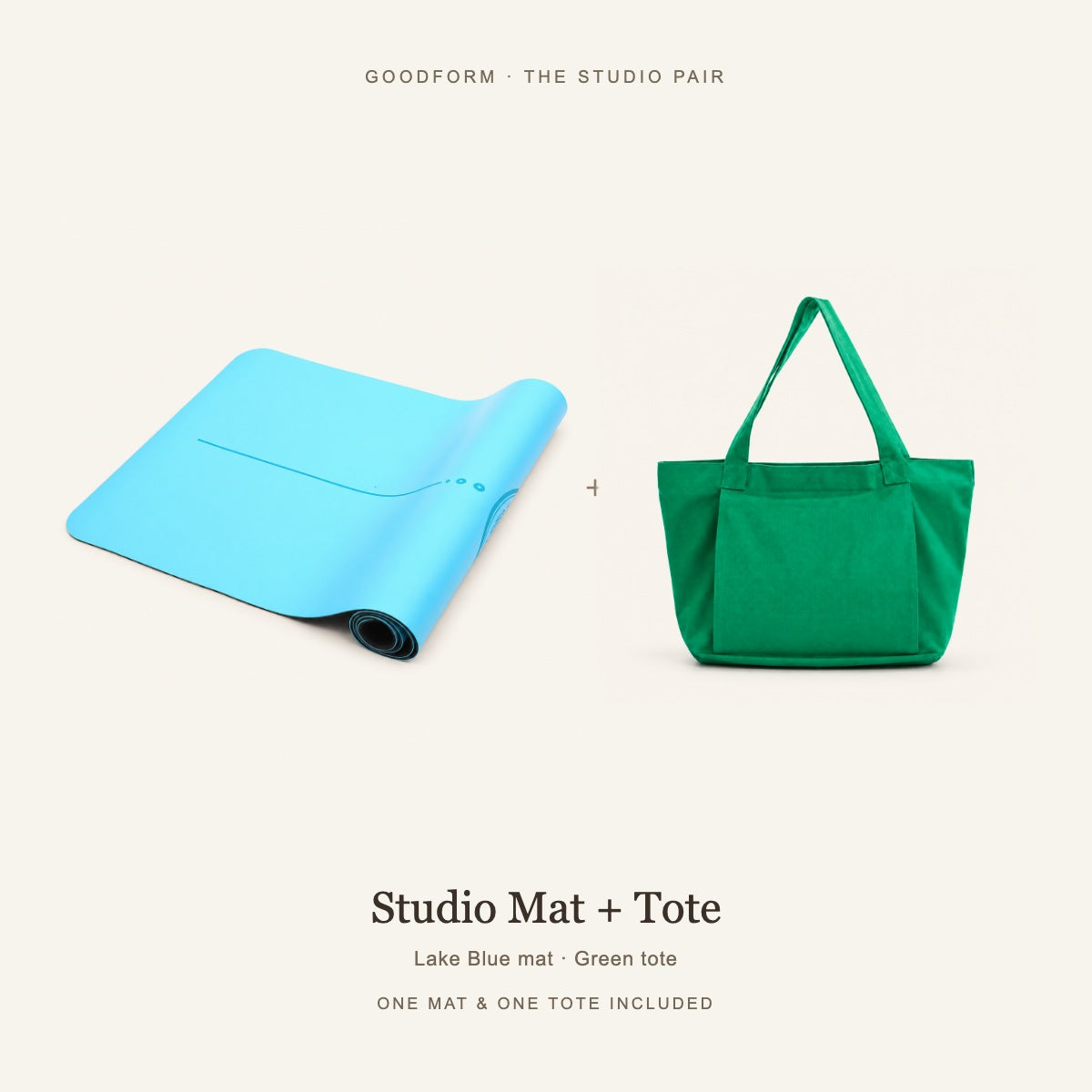 GoodForm Studio Mat & Tote Pack — Lake Blue mat and Green tote on warm ivory; one of each included