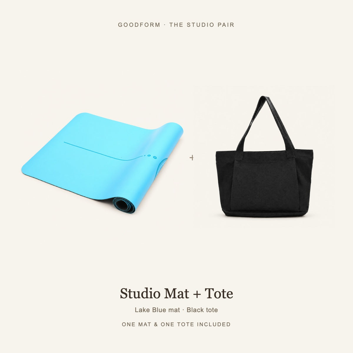 GoodForm Studio Mat & Tote Pack — Lake Blue mat and Black tote on warm ivory; one of each included