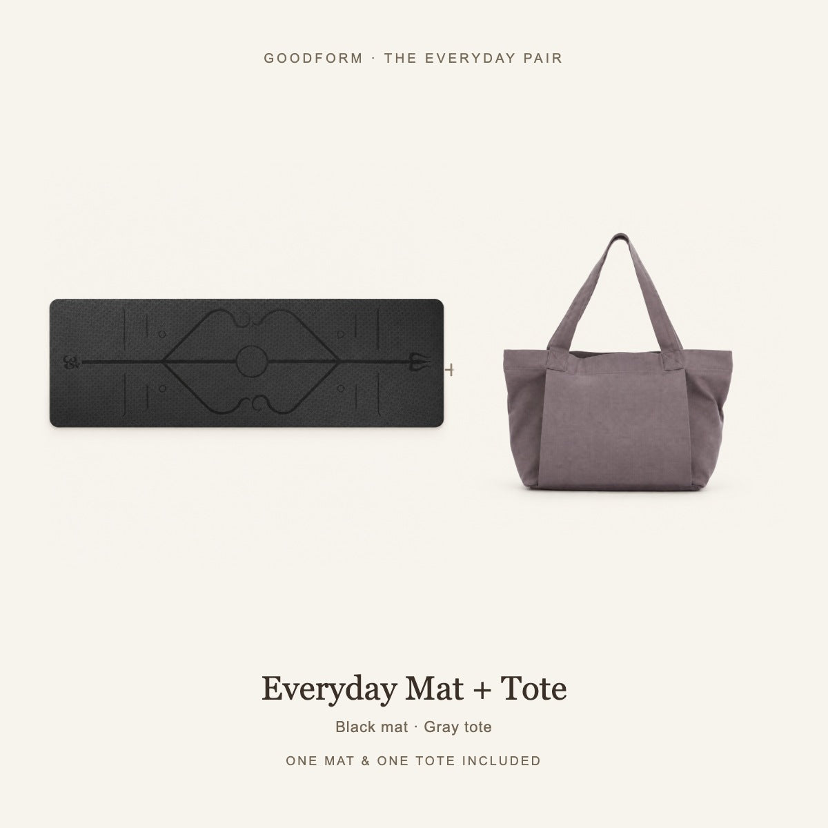 GoodForm Everyday Mat & Tote Pack — Black mat and Gray tote on warm ivory; one of each included