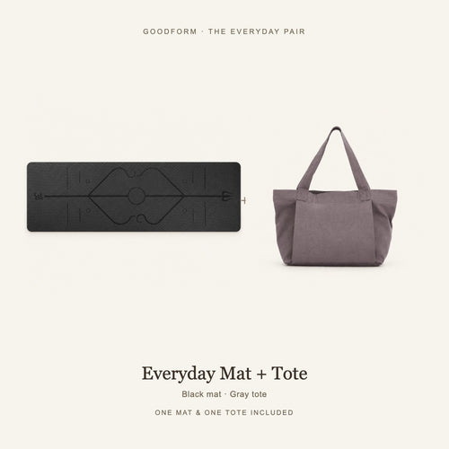 GoodForm Everyday Mat & Tote Pack — Black mat and Gray tote on warm ivory; one of each included