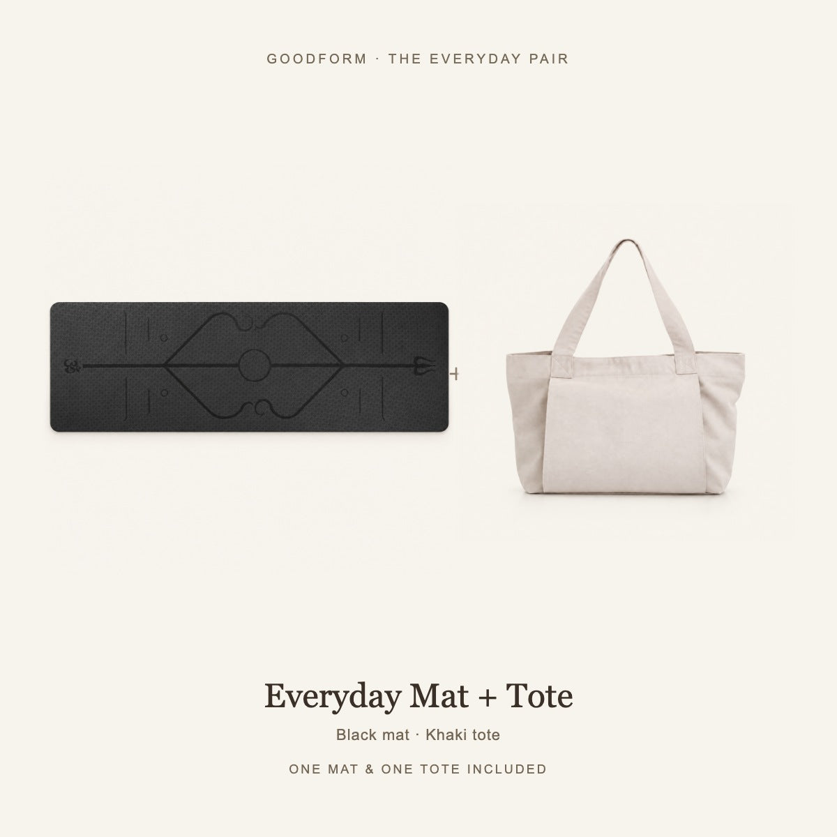 GoodForm Everyday Mat & Tote Pack — Black mat and Khaki tote on warm ivory; one of each included