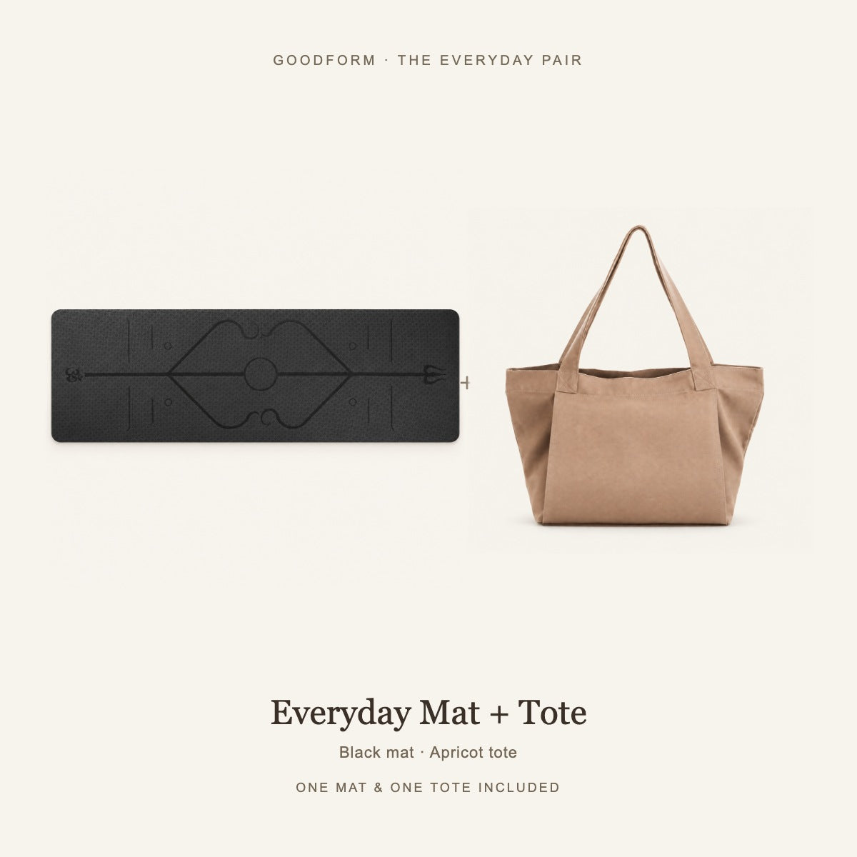 GoodForm Everyday Mat & Tote Pack — Black mat and Apricot tote on warm ivory; one of each included