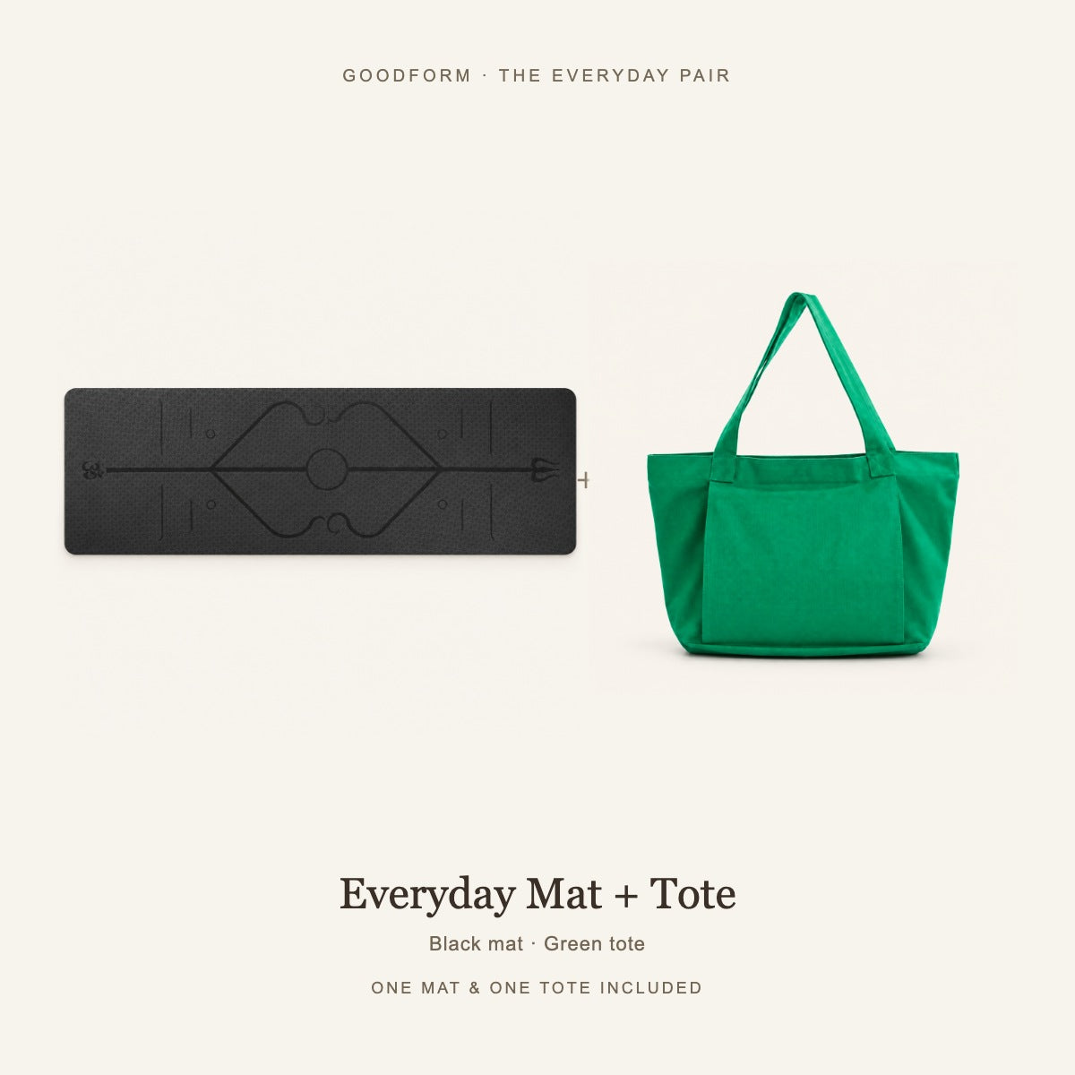 GoodForm Everyday Mat & Tote Pack — Black mat and Green tote on warm ivory; one of each included