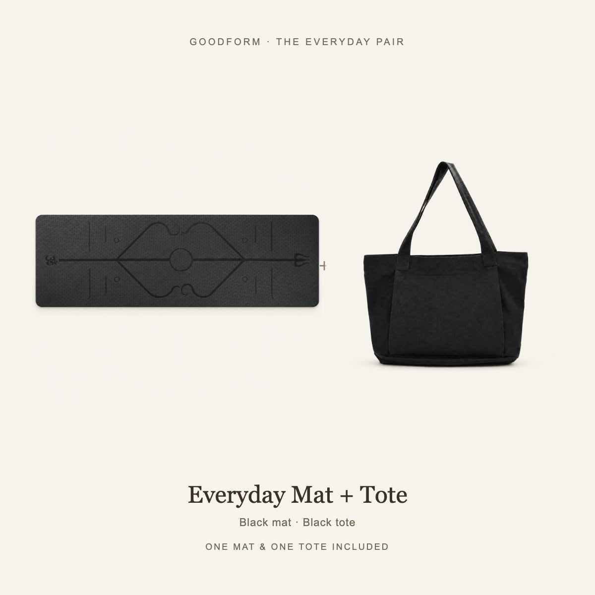 GoodForm Everyday Mat & Tote Pack — Black mat and Black tote on warm ivory; one of each included