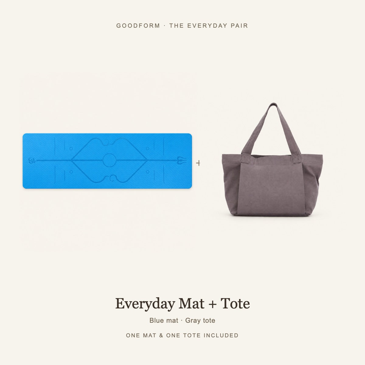 GoodForm Everyday Mat & Tote Pack — Blue mat and Gray tote on warm ivory; one of each included