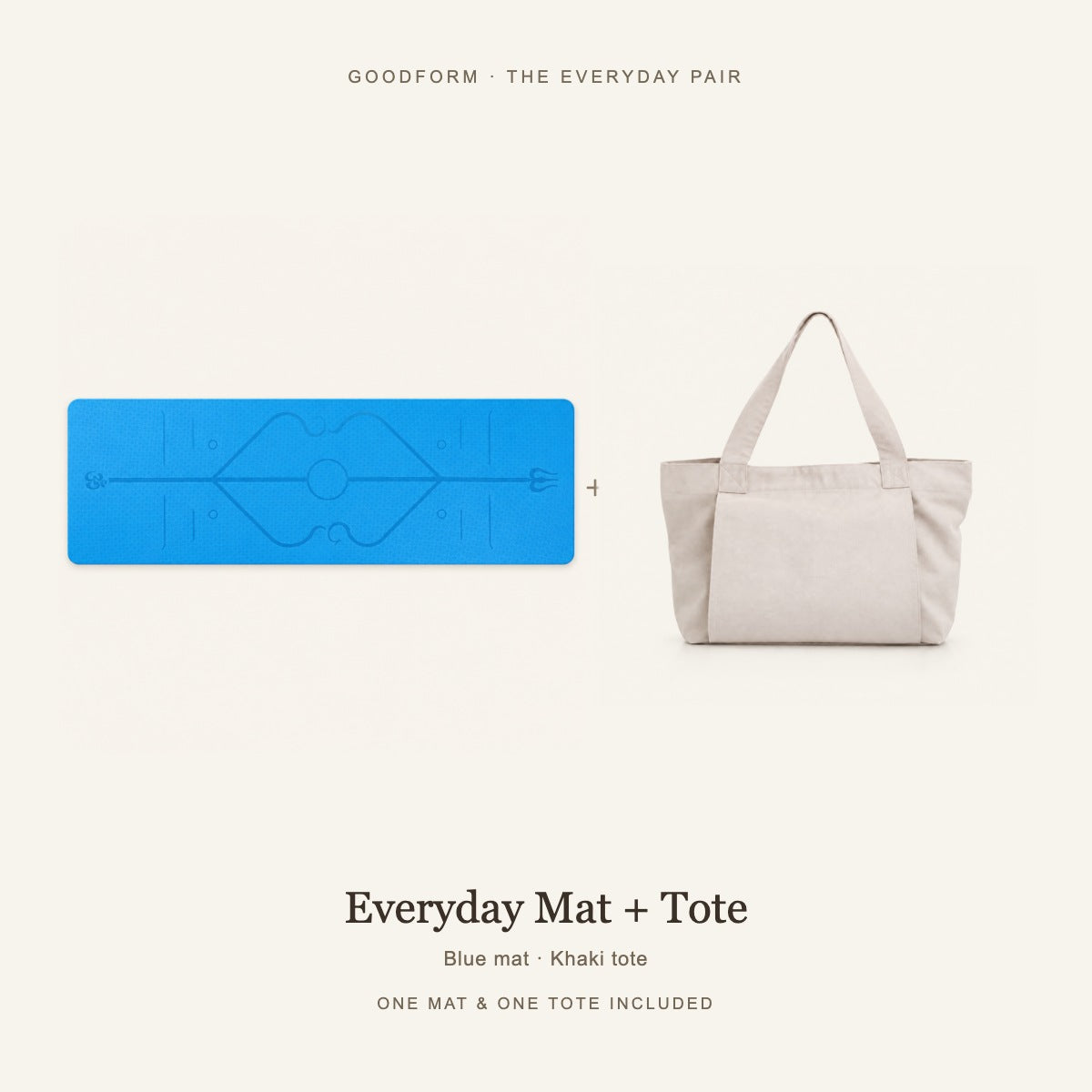 GoodForm Everyday Mat & Tote Pack — Blue mat and Khaki tote on warm ivory; one of each included