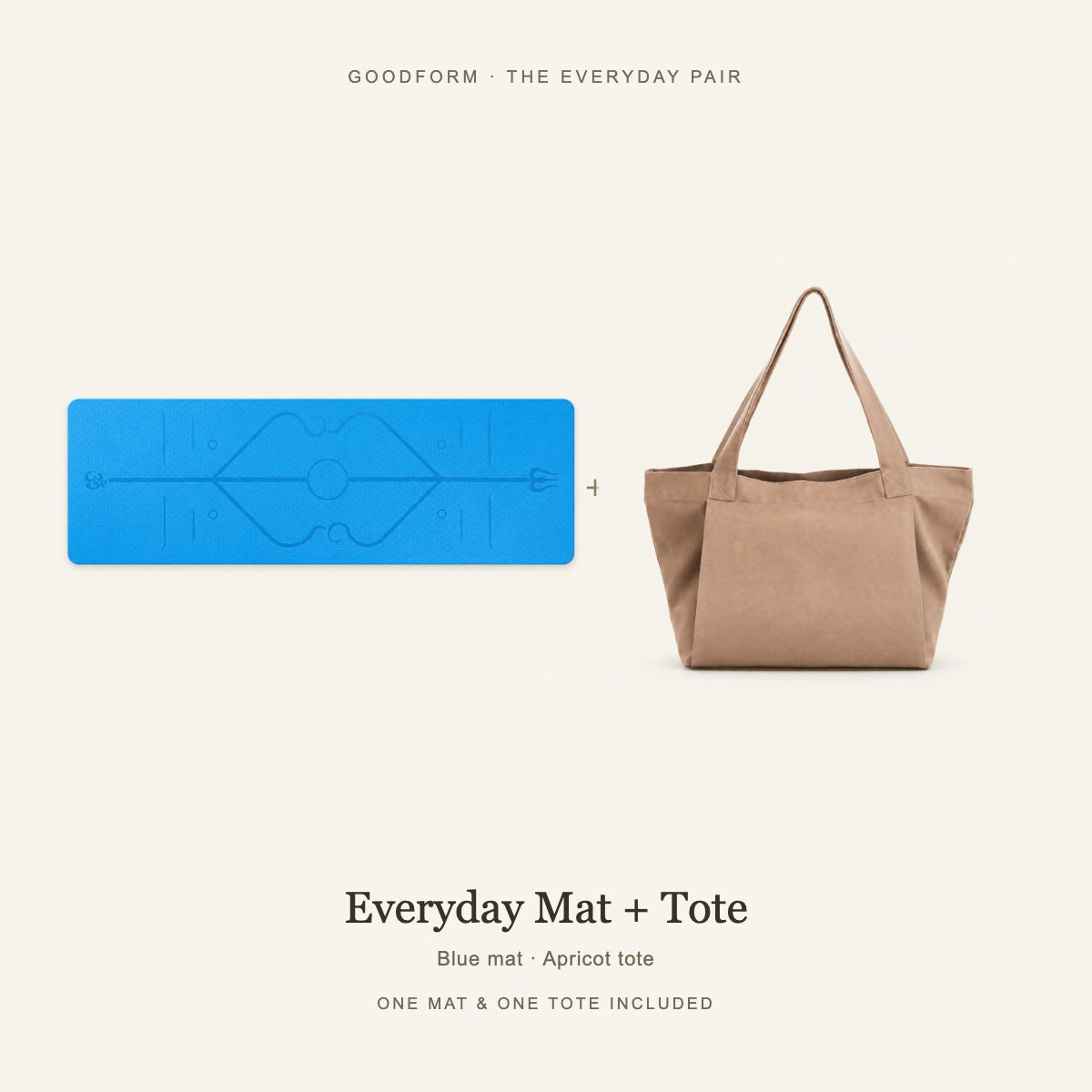 GoodForm Everyday Mat & Tote Pack — Blue mat and Apricot tote on warm ivory; one of each included