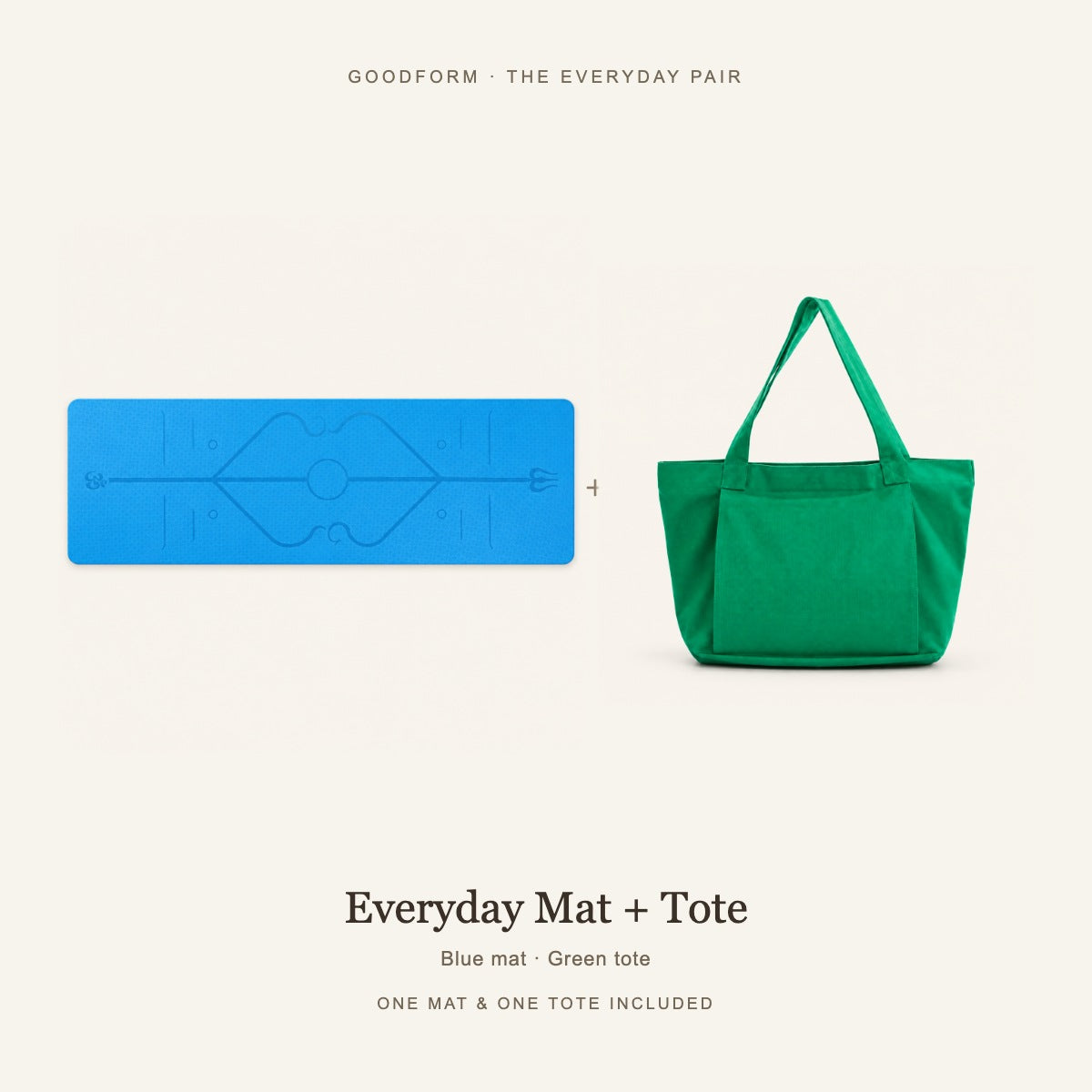 GoodForm Everyday Mat & Tote Pack — Blue mat and Green tote on warm ivory; one of each included