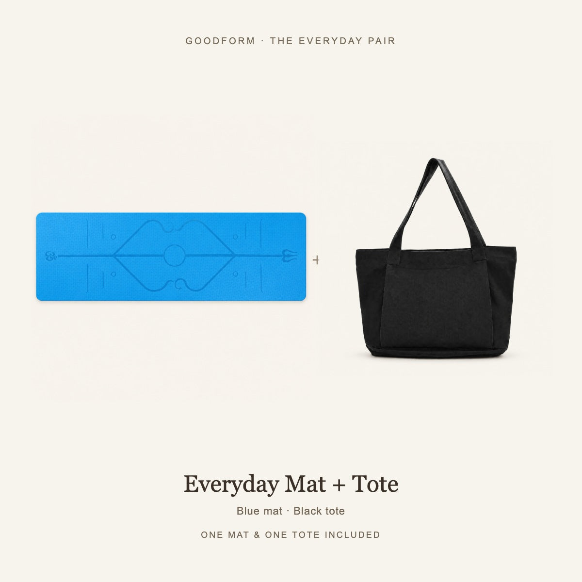 GoodForm Everyday Mat & Tote Pack — Blue mat and Black tote on warm ivory; one of each included