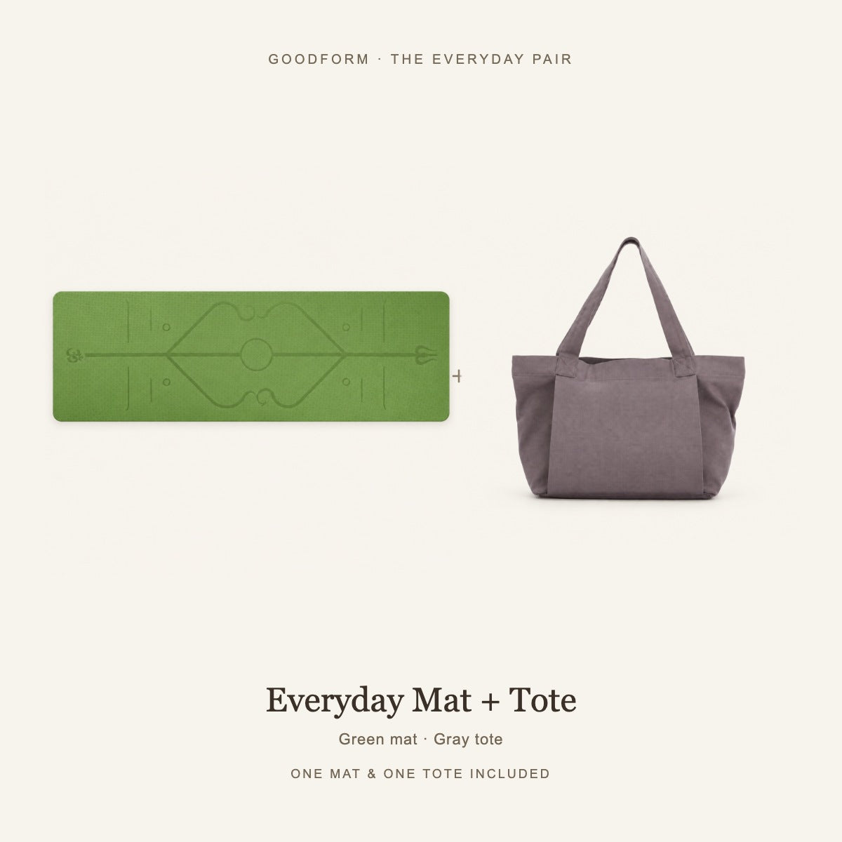 GoodForm Everyday Mat & Tote Pack — Green mat and Gray tote on warm ivory; one of each included