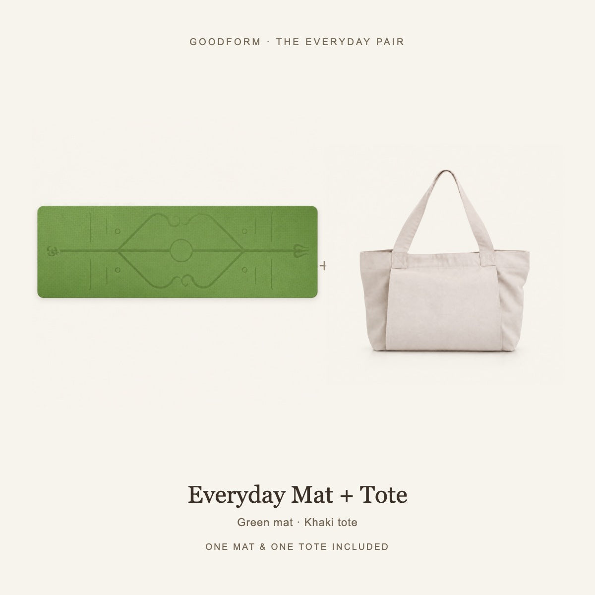 GoodForm Everyday Mat & Tote Pack — Green mat and Khaki tote on warm ivory; one of each included