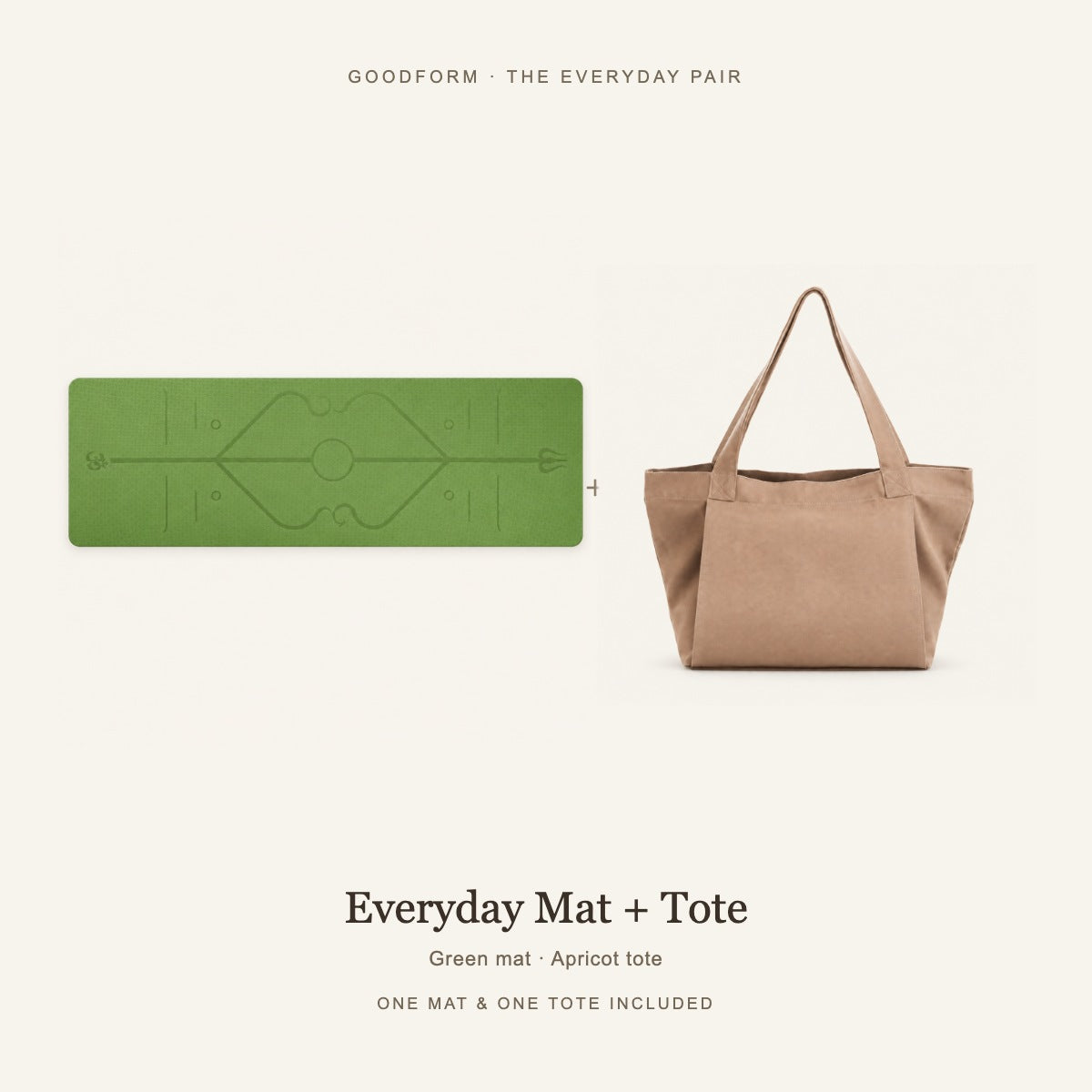GoodForm Everyday Mat & Tote Pack — Green mat and Apricot tote on warm ivory; one of each included