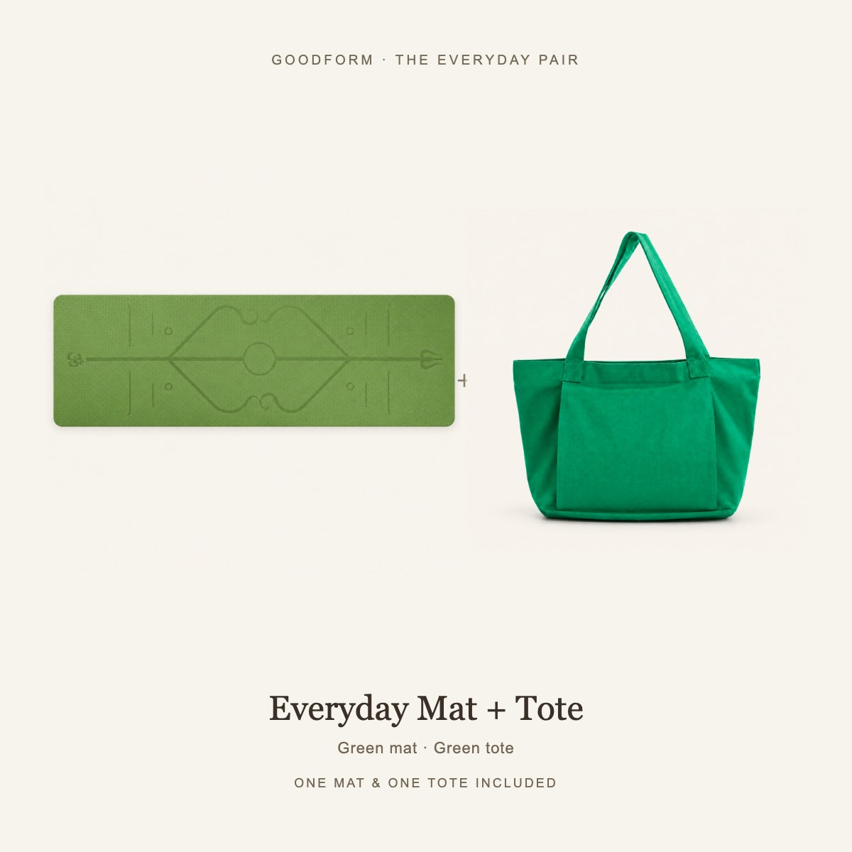 GoodForm Everyday Mat & Tote Pack — Green mat and Green tote on warm ivory; one of each included