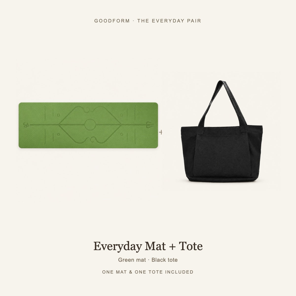 GoodForm Everyday Mat & Tote Pack — Green mat and Black tote on warm ivory; one of each included