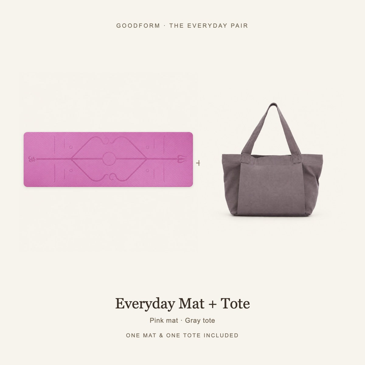 GoodForm Everyday Mat & Tote Pack — Pink mat and Gray tote on warm ivory; one of each included