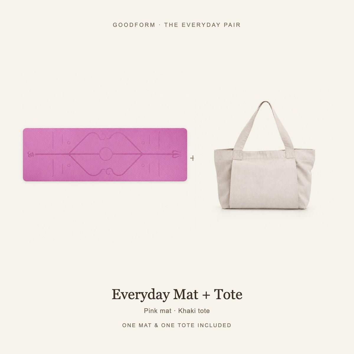 GoodForm Everyday Mat & Tote Pack — Pink mat and Khaki tote on warm ivory; one of each included