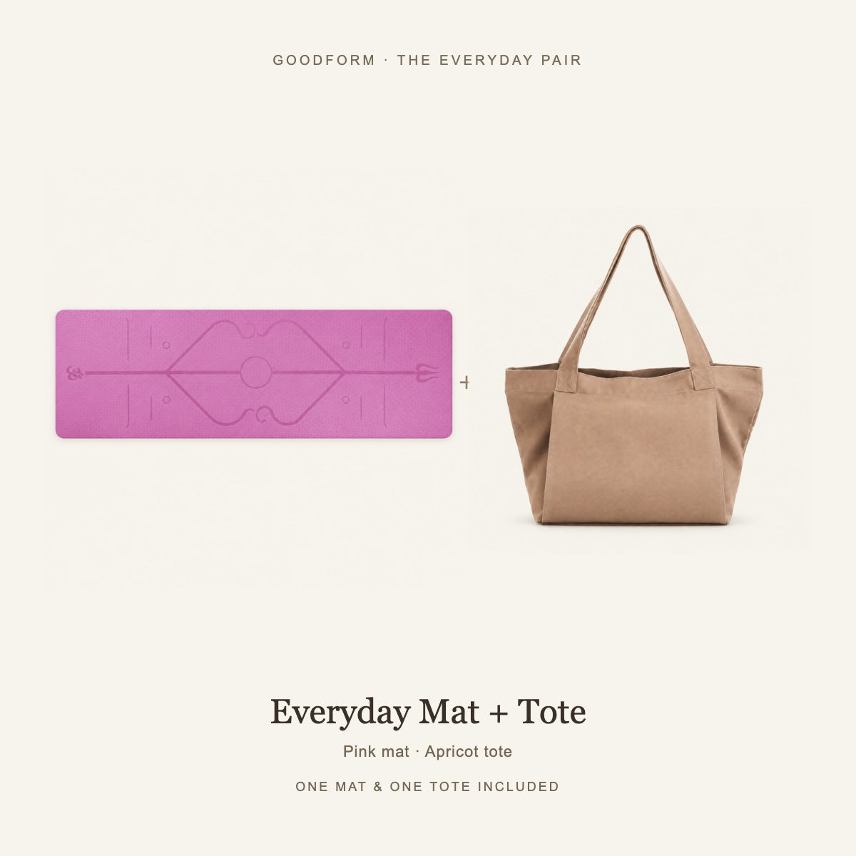 GoodForm Everyday Mat & Tote Pack — Pink mat and Apricot tote on warm ivory; one of each included