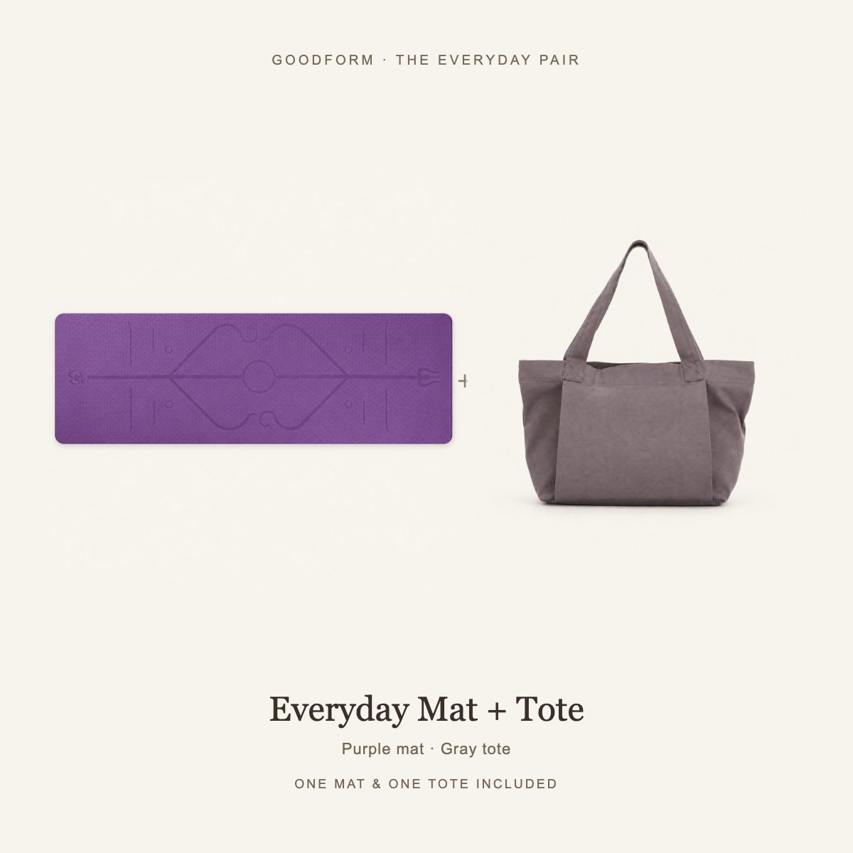 GoodForm Everyday Mat & Tote Pack — Purple mat and Gray tote on warm ivory; one of each included