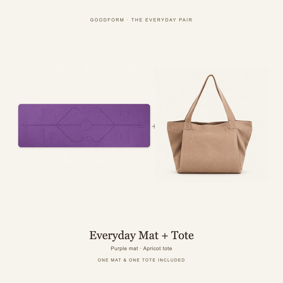 GoodForm Everyday Mat & Tote Pack — Purple mat and Apricot tote on warm ivory; one of each included