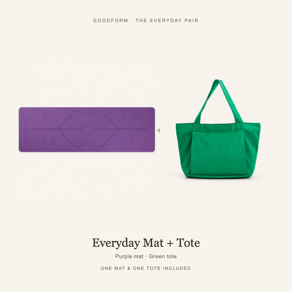 GoodForm Everyday Mat & Tote Pack — Purple mat and Green tote on warm ivory; one of each included