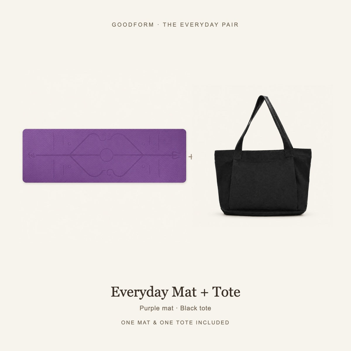 GoodForm Everyday Mat & Tote Pack — Purple mat and Black tote on warm ivory; one of each included