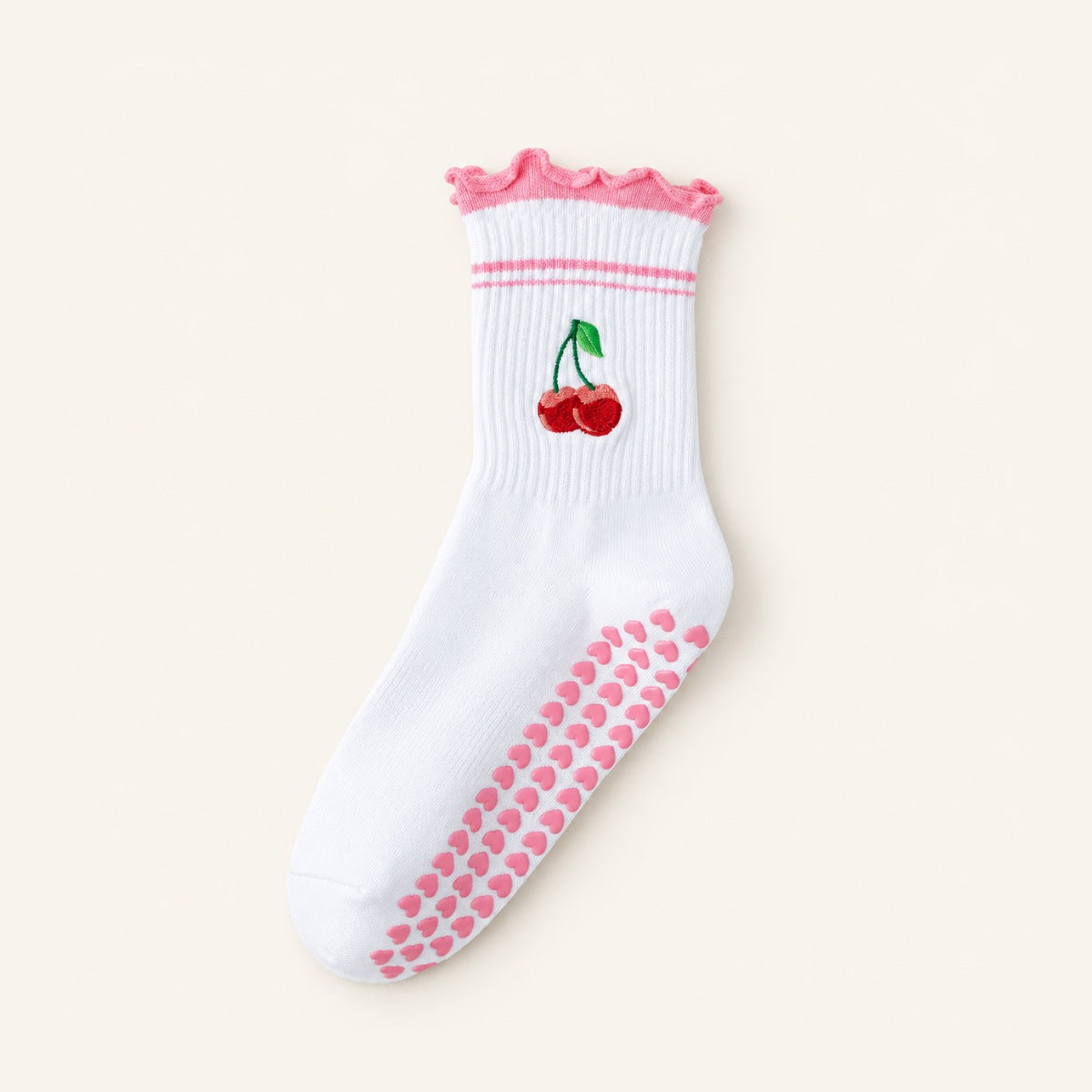 GoodForm Studio Grip Socks — Pink Lace Cherry on GoodForm warm ivory
