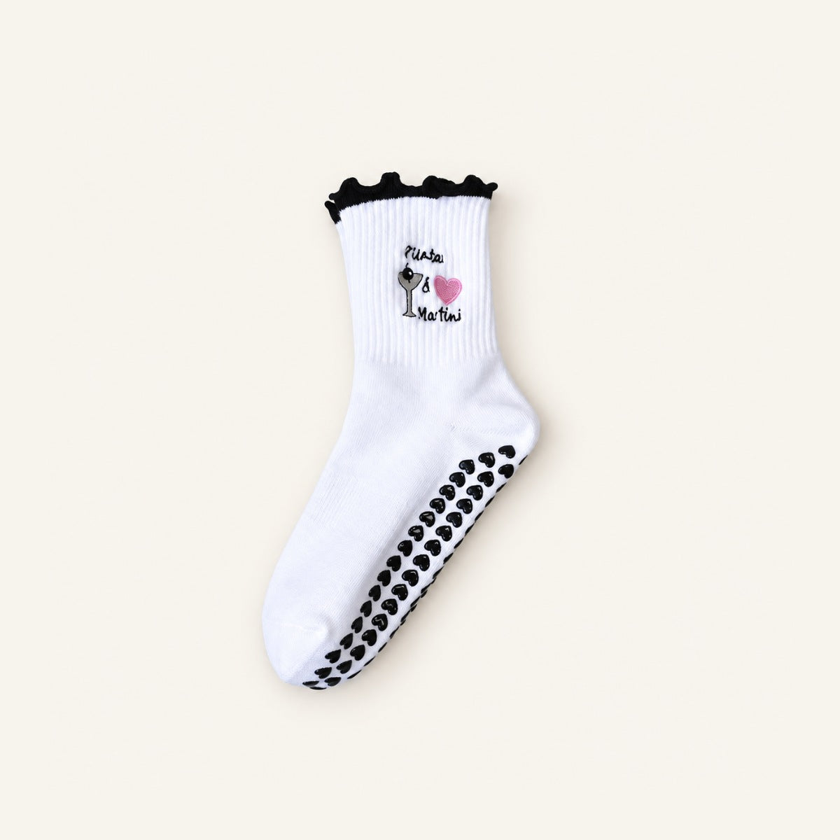 GoodForm Studio Grip Socks — Black lace heart on GoodForm warm ivory