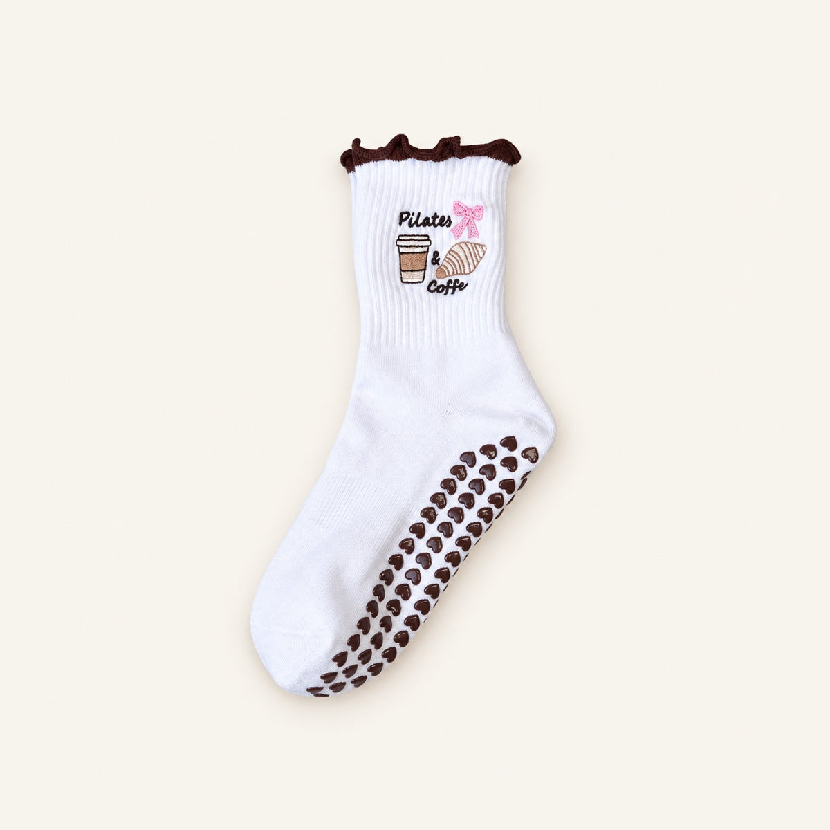 GoodForm Studio Grip Socks — Brown Lace Bow on GoodForm warm ivory