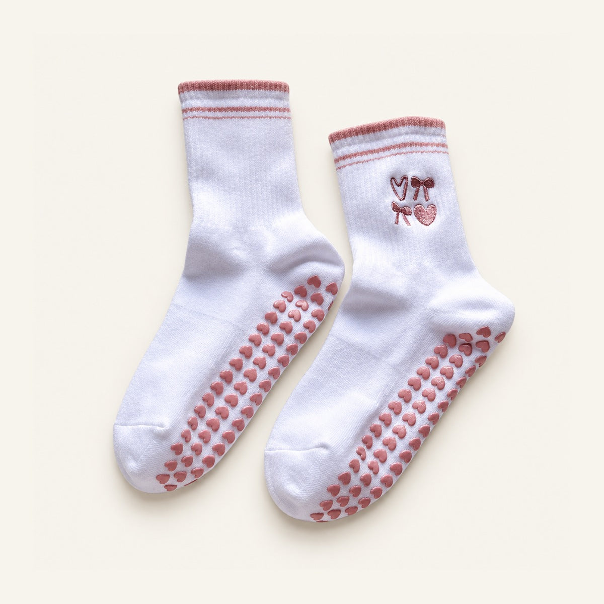GoodForm Studio Grip Socks — Lotus Pink Heart on GoodForm warm ivory
